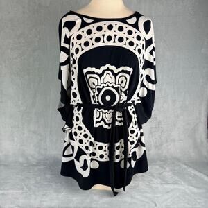 Wish Womens M Black White Geometric Tunic Dress with Tie